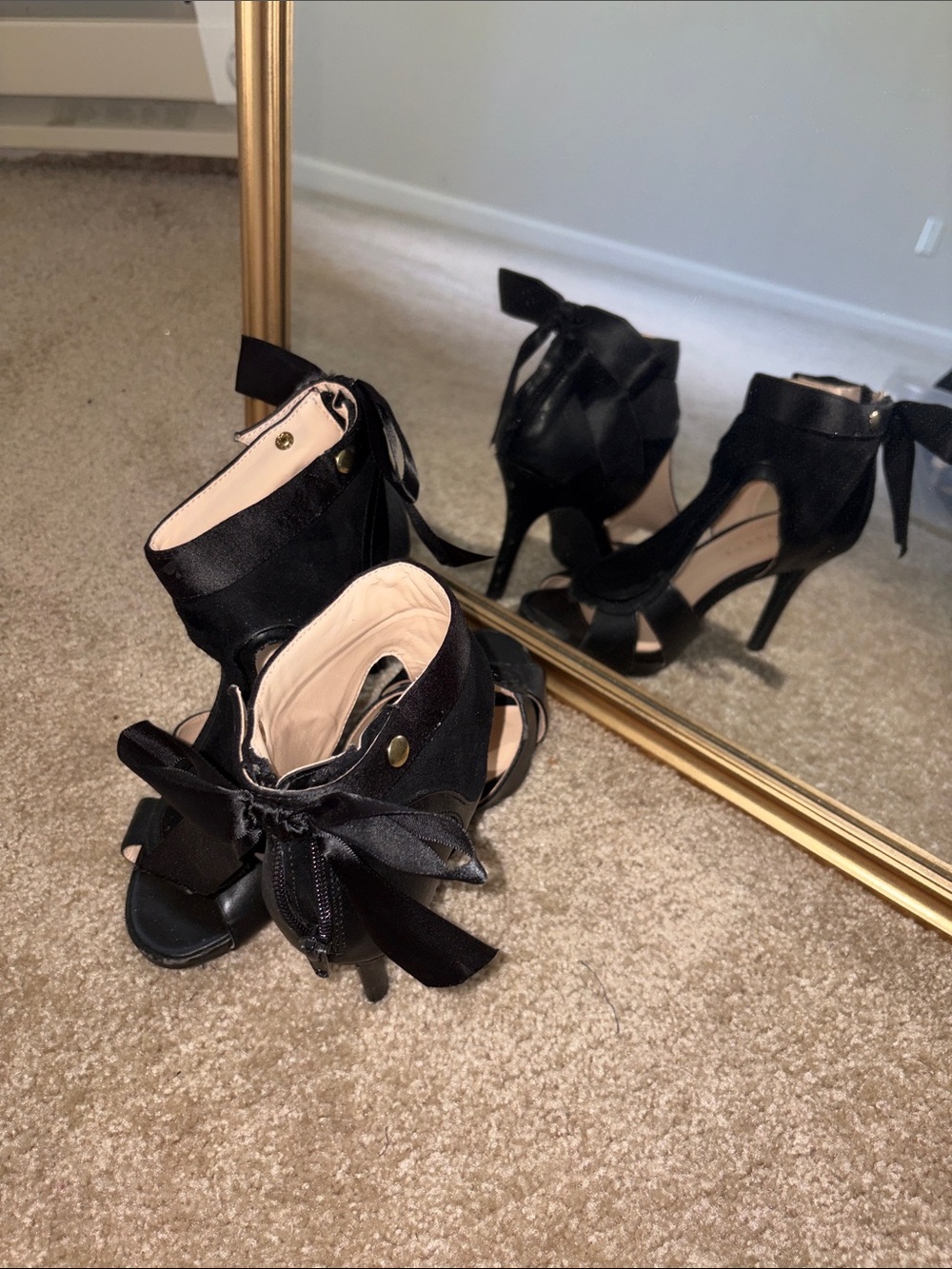 Metaphor Black Ribbon-Tie T-Strap High Heel Sandals